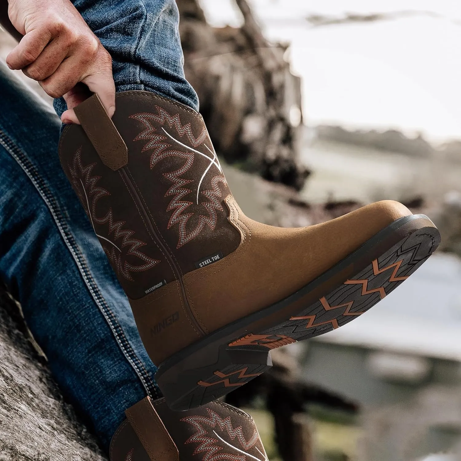 NINGO Mens Steel Toe Work Boots, Waterproof Square Toe Cowboy Boots for Men, Mens Slip on Safety Boots with Full-grain Leather, Oil Slip Resistant, EH Protection for Construction, Farming
