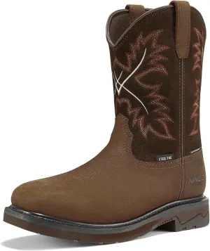 NINGO Mens Steel Toe Work Boots, Waterproof Square Toe Cowboy Boots for Men, Mens Slip on Safety Boots with Full-grain Leather, Oil Slip Resistant, EH Protection for Construction, Farming