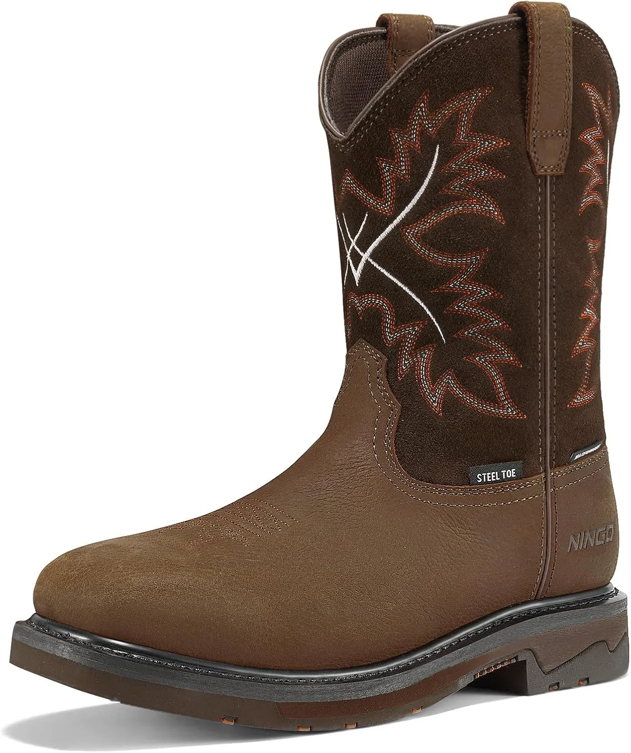 NINGO Mens Steel Toe Work Boots, Waterproof Square Toe Cowboy Boots for Men, Mens Slip on Safety Boots with Full-grain Leather, Oil Slip Resistant, EH Protection for Construction, Farming
