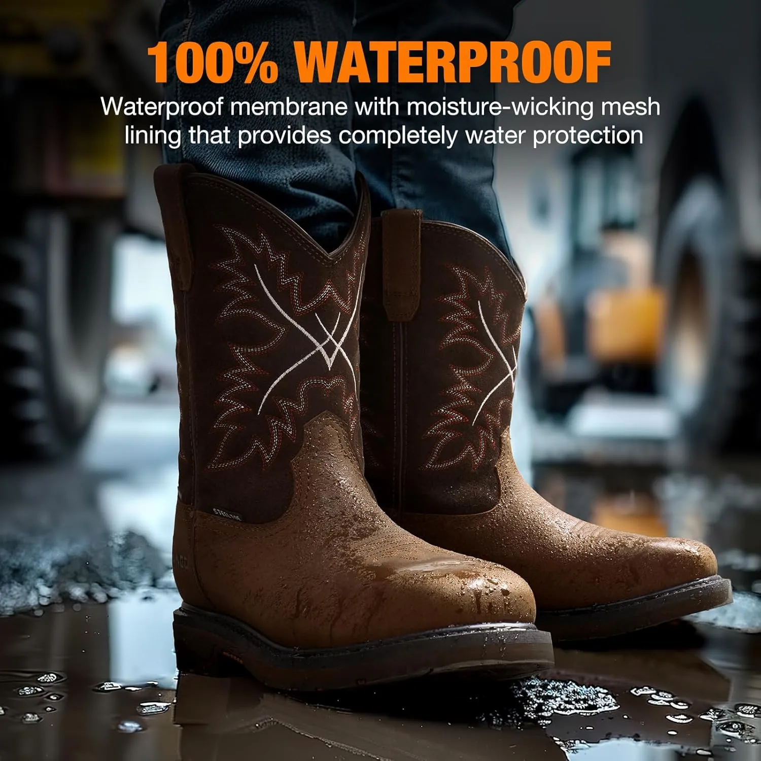 NINGO Mens Steel Toe Work Boots, Waterproof Square Toe Cowboy Boots for Men, Mens Slip on Safety Boots with Full-grain Leather, Oil Slip Resistant, EH Protection for Construction, Farming