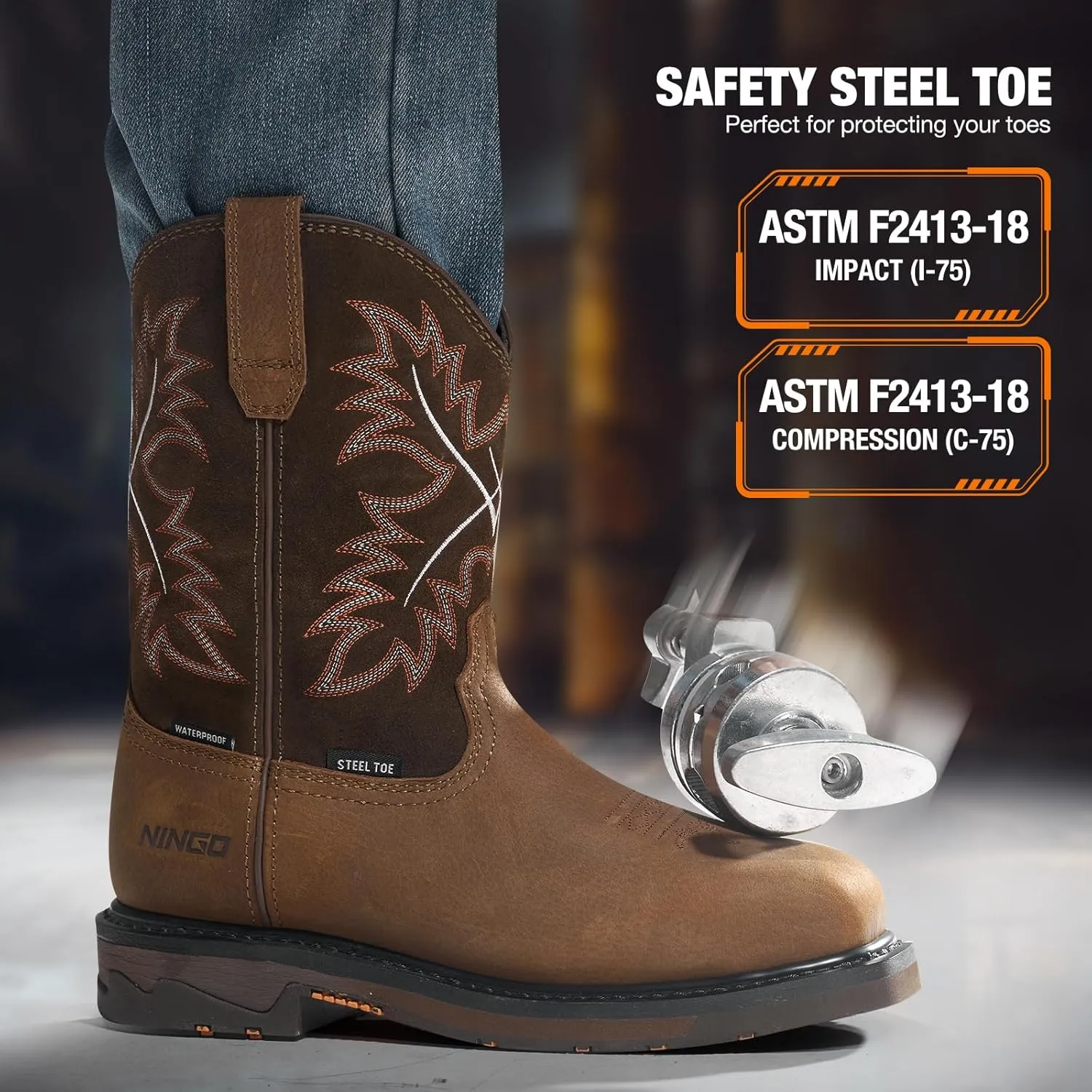 NINGO Mens Steel Toe Work Boots, Waterproof Square Toe Cowboy Boots for Men, Mens Slip on Safety Boots with Full-grain Leather, Oil Slip Resistant, EH Protection for Construction, Farming