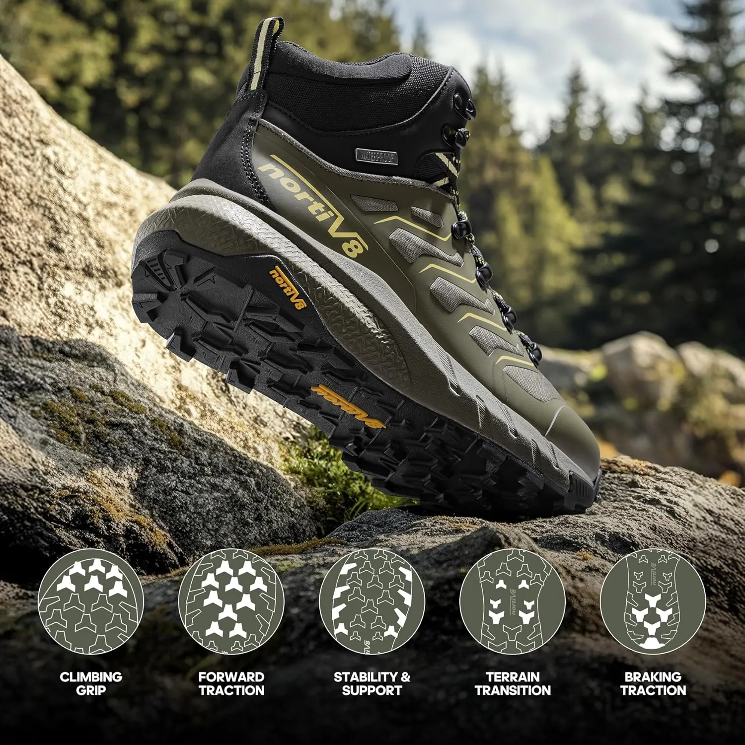 NORTIV 8 Men's Lightweight Hiking Boots Waterproof Breathable Outdoor Trekking Camping Ankle Boots Fern