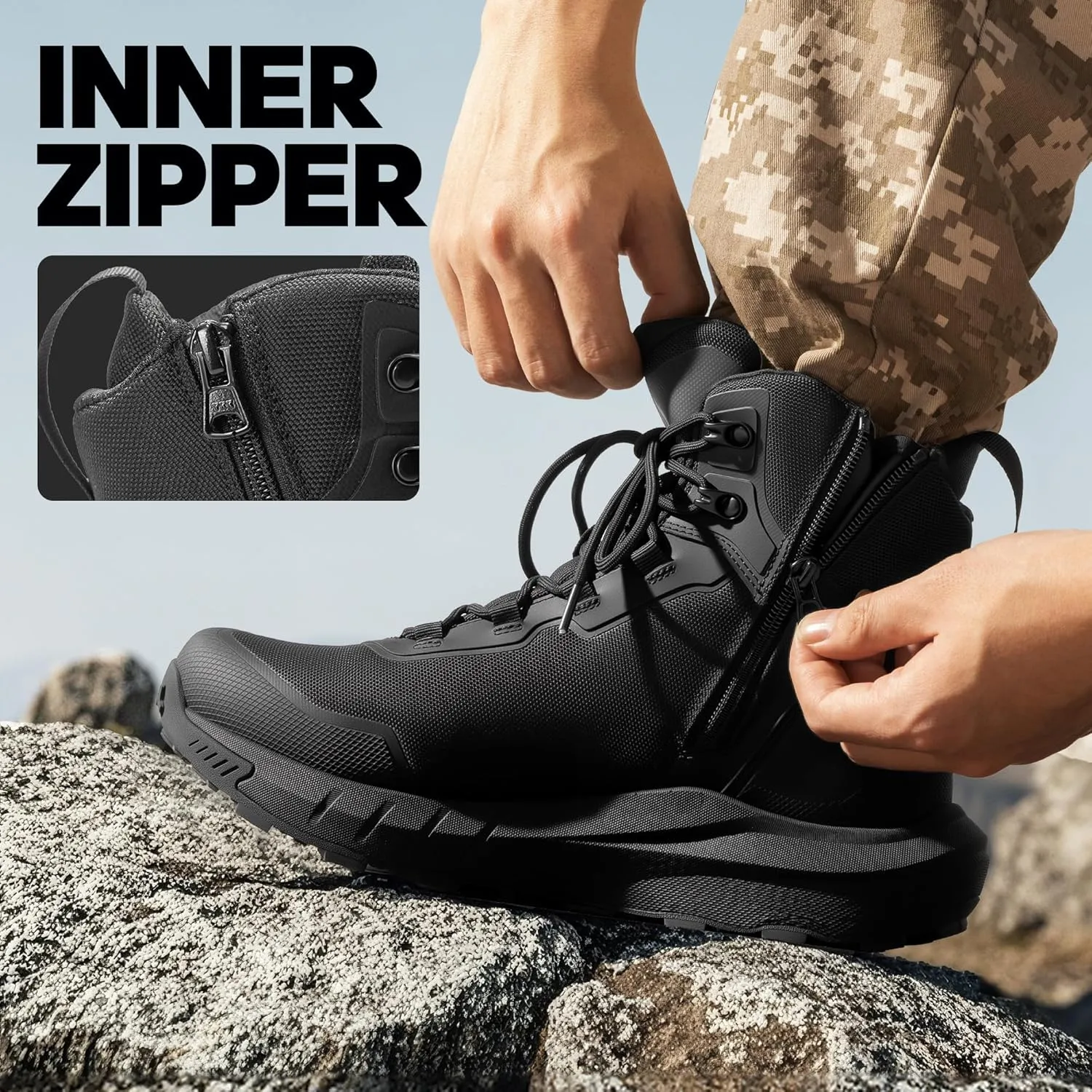 NORTIV 8 Men's Tactical Hiking Boot Lightweight Cushion Sole Boots for Work All Day Side Zipper Motorcycle Combat Military Boot Arch Support 8 Inches Terrascope