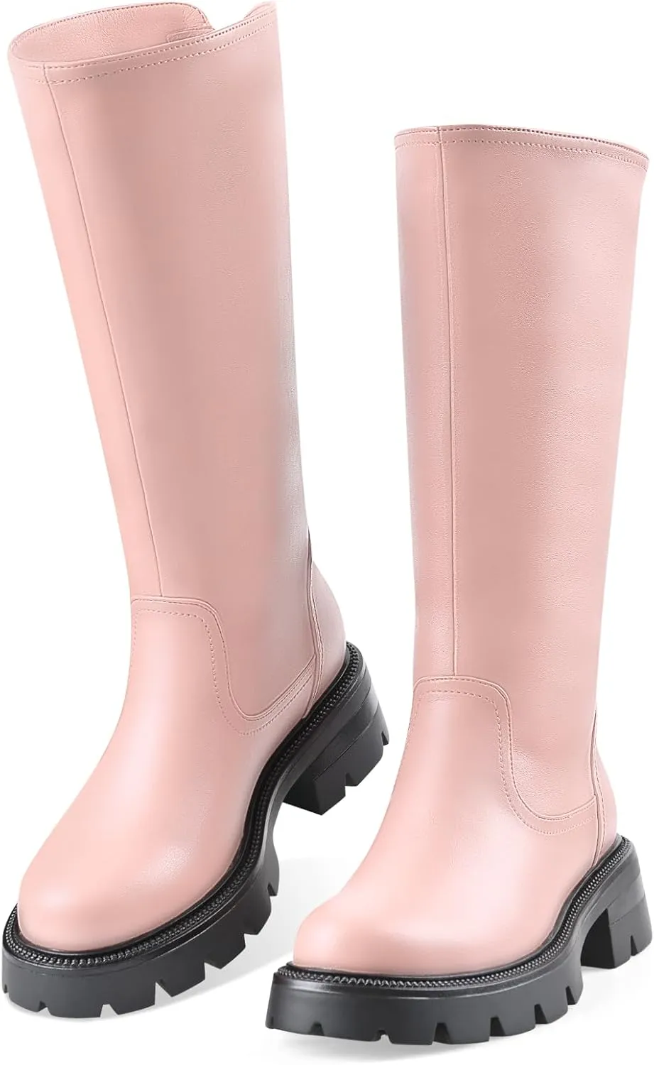 Oh Mispares Lug Sole Mid-calf High Boots for Women Extra Wide Calf Chunky Round Toe Knee High Chic Riding Boots Zipper Adjustable Calf Fashion Boots 2 Inches