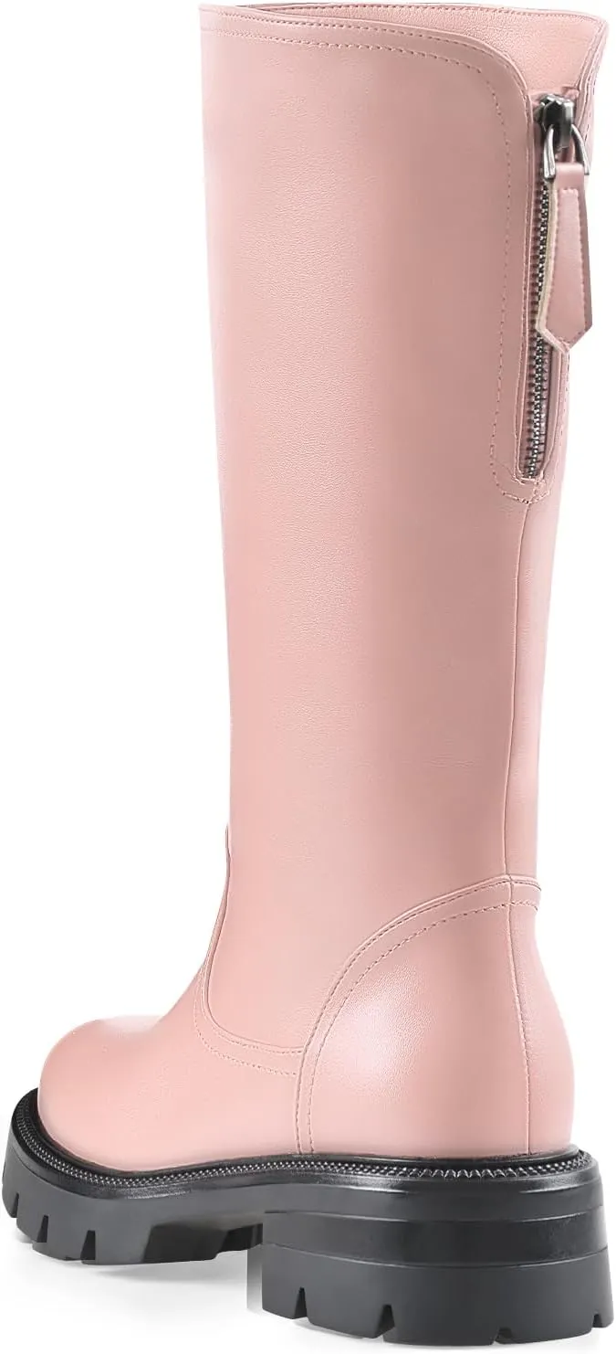 Oh Mispares Lug Sole Mid-calf High Boots for Women Extra Wide Calf Chunky Round Toe Knee High Chic Riding Boots Zipper Adjustable Calf Fashion Boots 2 Inches