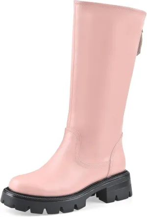 Oh Mispares Lug Sole Mid-calf High Boots for Women Extra Wide Calf Chunky Round Toe Knee High Chic Riding Boots Zipper Adjustable Calf Fashion Boots 2 Inches