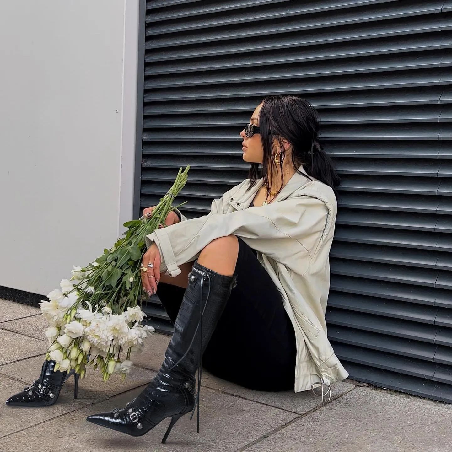 Oiamenne Knee High Boots for Women Fashion Slide Zipper Pointed Toe Stiletto Studded High Heel Rivets Tassel Boots Party Dress Shoes