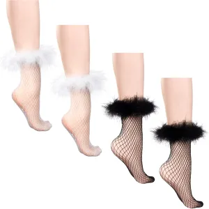 OIIKI 2Pairs Women Feather Fishnet Socks, Ruffle Mesh Cuff Socks, Summer Elastic Anklet Socks, Feather Trim Short Socks for Girls, Women, Ladies for Parties, Cosplay (Black, White)