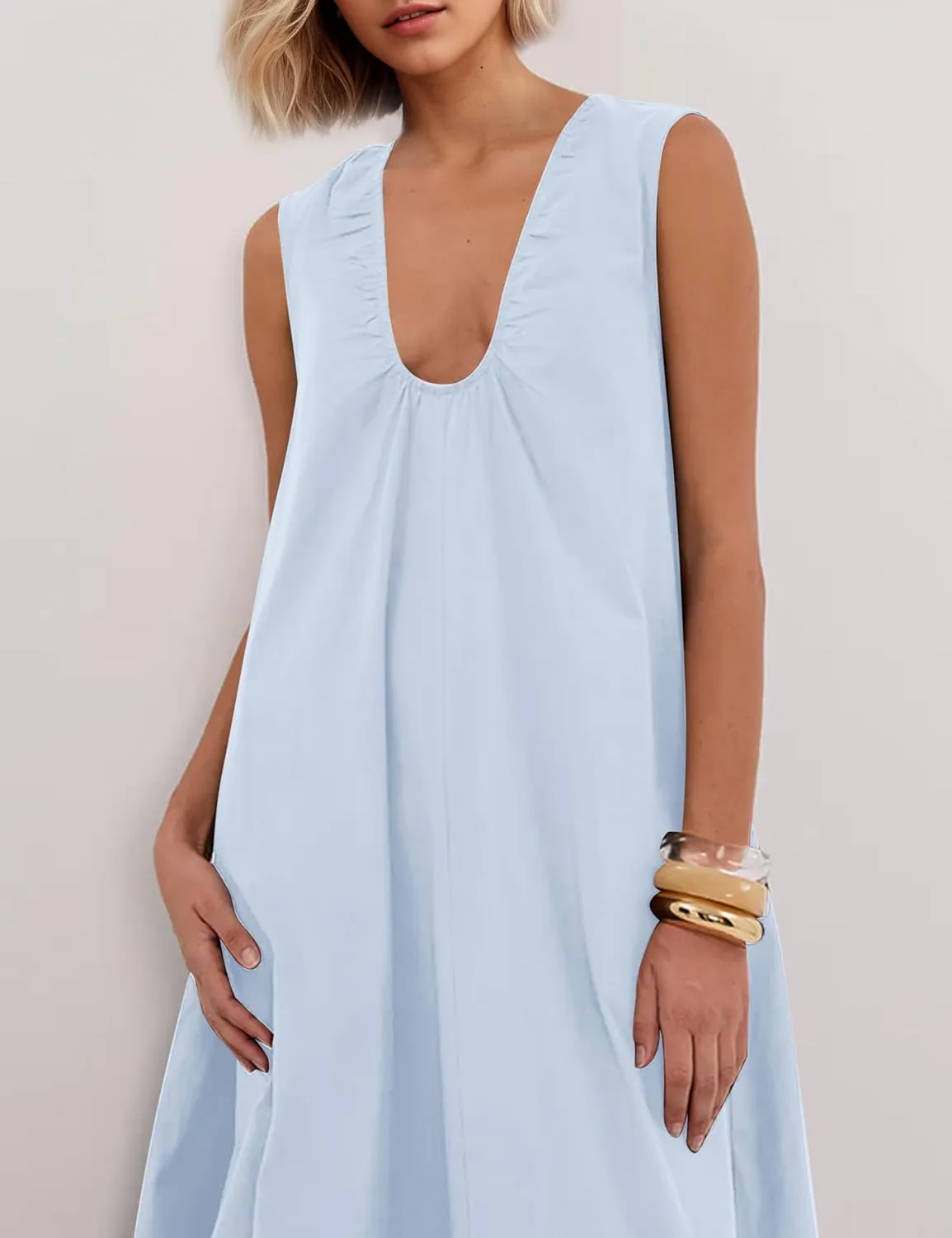 OLAPTA Women Summer Sleeveless Maxi Dress Scoop Neck Ruched Loose Fit Casual Elegant Solid Vacation Long Dress with Pockets