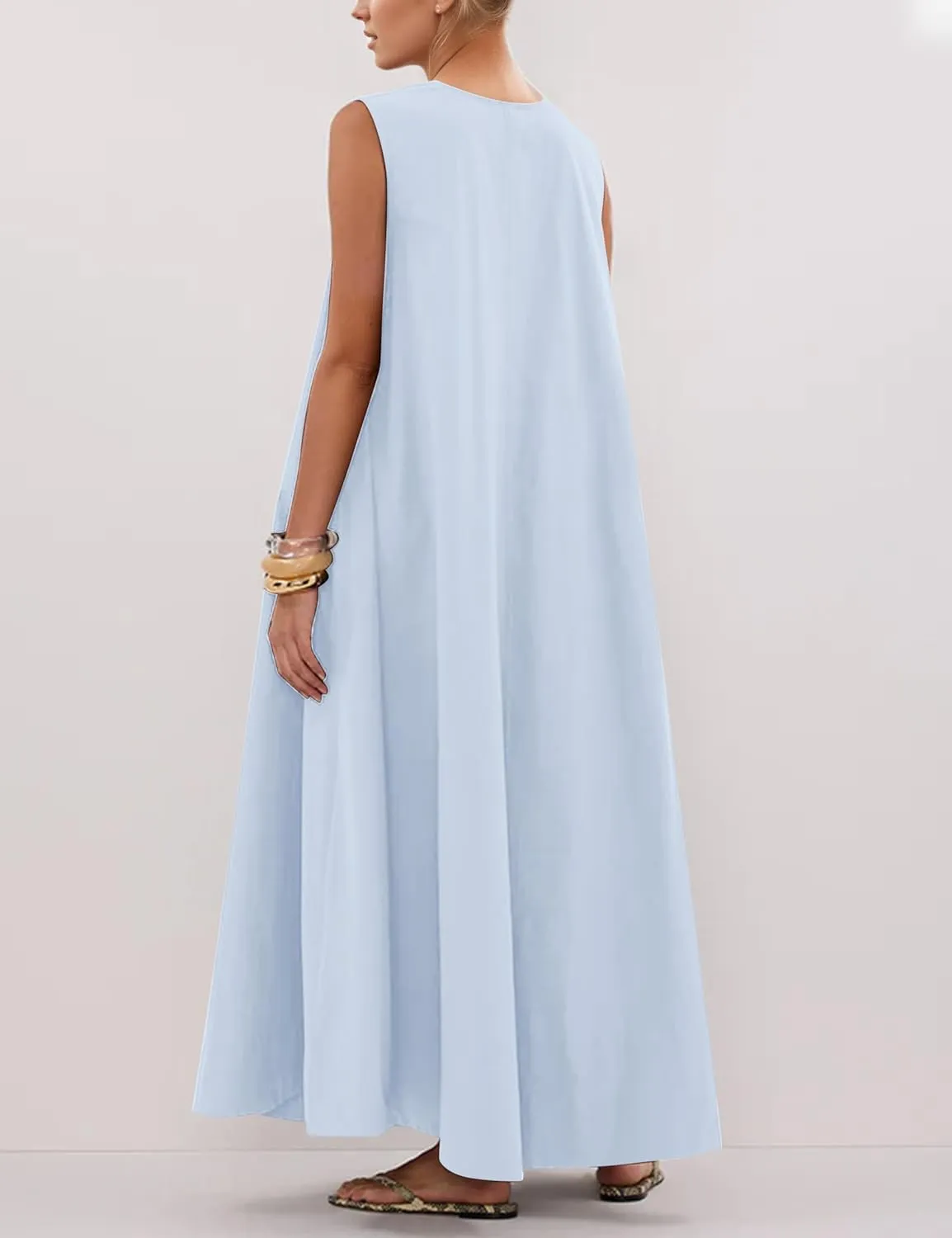 OLAPTA Women Summer Sleeveless Maxi Dress Scoop Neck Ruched Loose Fit Casual Elegant Solid Vacation Long Dress with Pockets