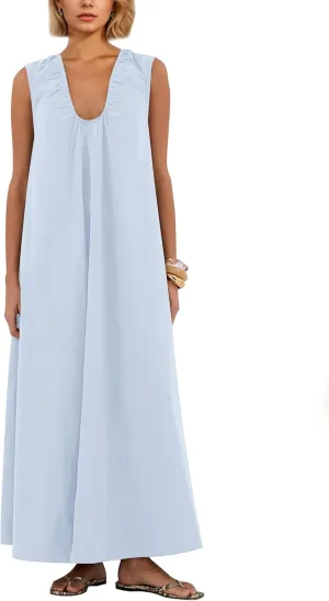 OLAPTA Women Summer Sleeveless Maxi Dress Scoop Neck Ruched Loose Fit Casual Elegant Solid Vacation Long Dress with Pockets