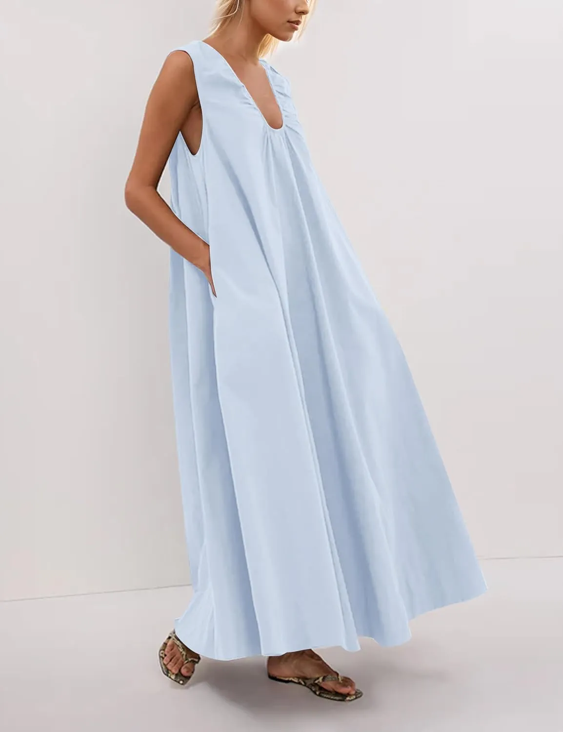 OLAPTA Women Summer Sleeveless Maxi Dress Scoop Neck Ruched Loose Fit Casual Elegant Solid Vacation Long Dress with Pockets