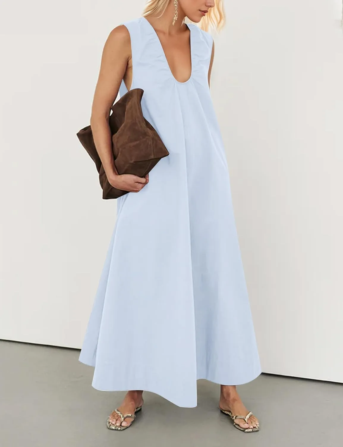 OLAPTA Women Summer Sleeveless Maxi Dress Scoop Neck Ruched Loose Fit Casual Elegant Solid Vacation Long Dress with Pockets