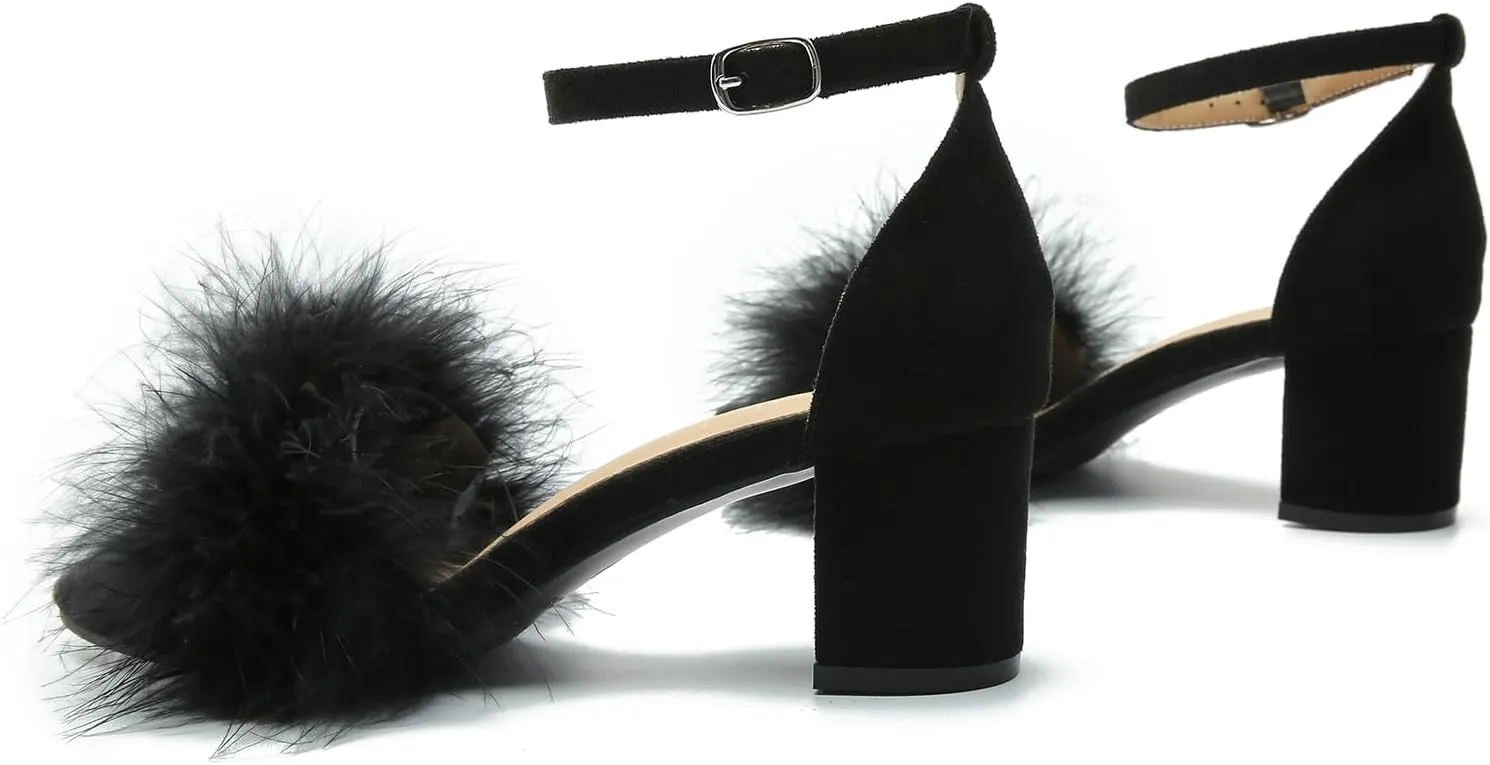 Omthanka Women's Open Toe Feather Heels Ankle Strap Low Block Chunky Heels Sandals Party Dress Pump Shoes