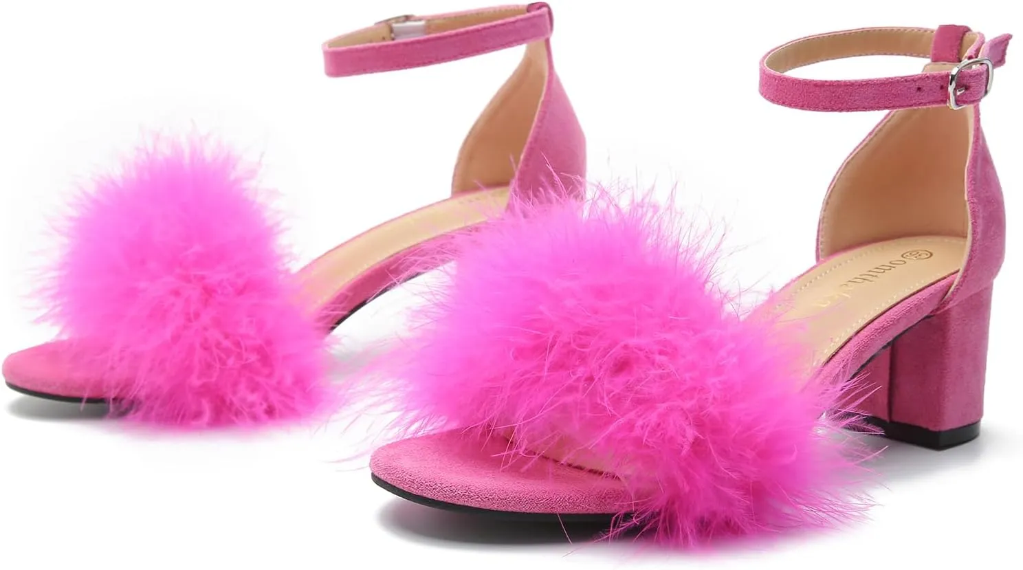Omthanka Women's Open Toe Feather Heels Ankle Strap Low Block Chunky Heels Sandals Party Dress Pump Shoes