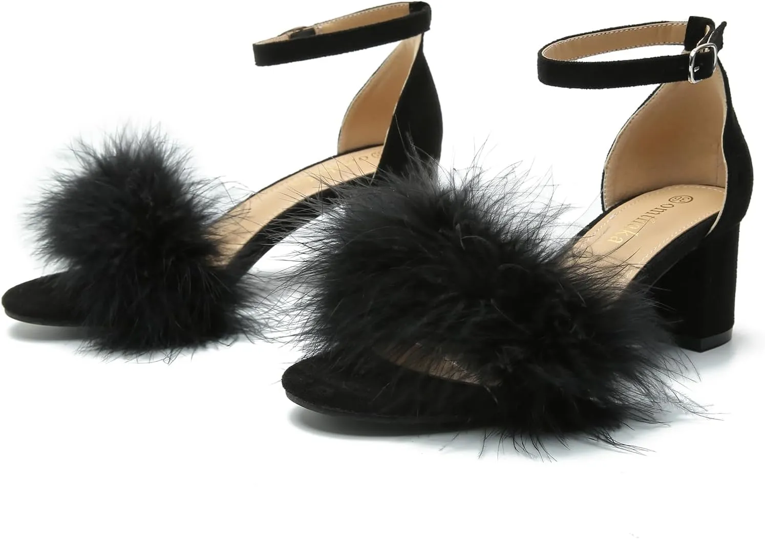 Omthanka Women's Open Toe Feather Heels Ankle Strap Low Block Chunky Heels Sandals Party Dress Pump Shoes