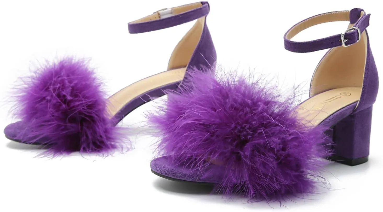 Omthanka Women's Open Toe Feather Heels Ankle Strap Low Block Chunky Heels Sandals Party Dress Pump Shoes