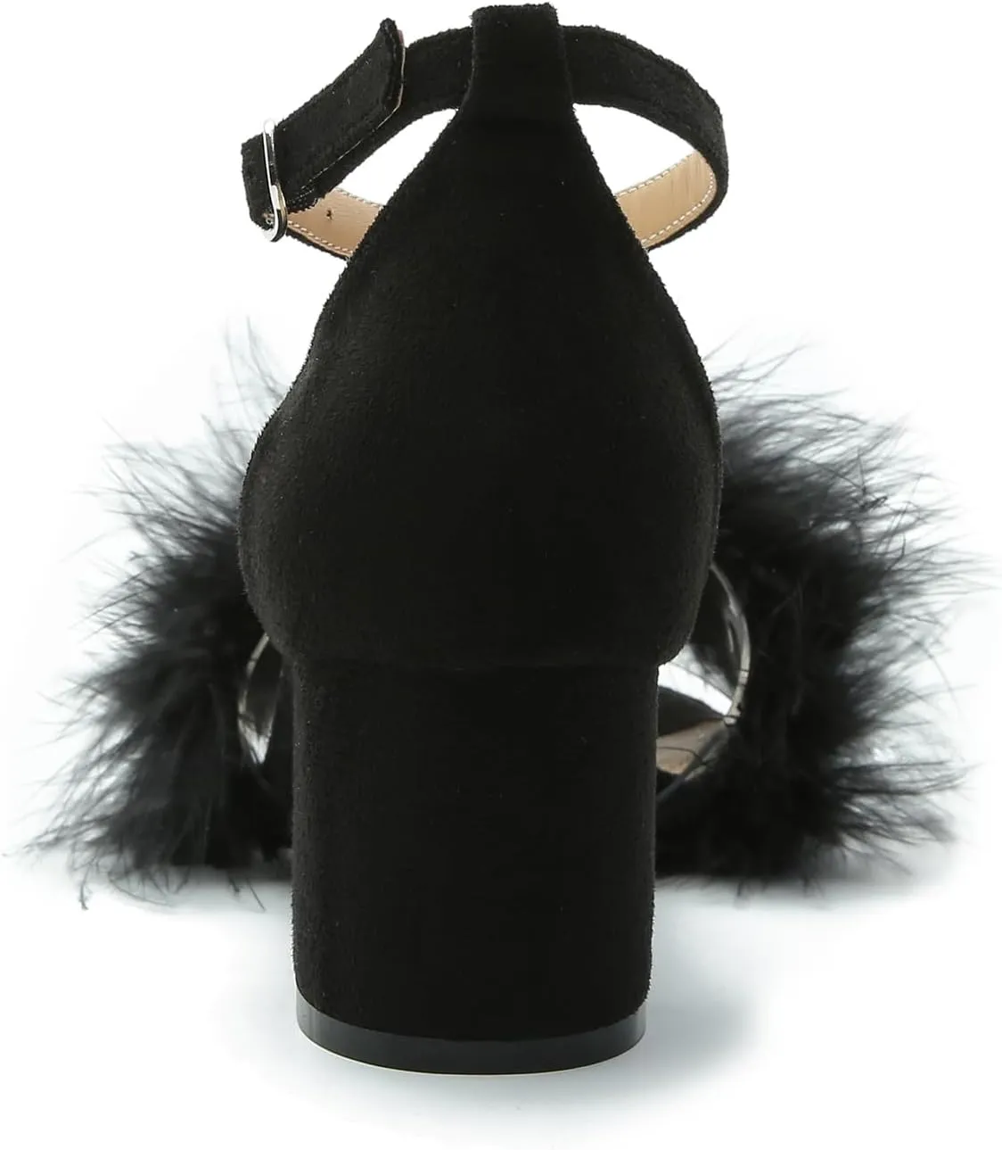 Omthanka Women's Open Toe Feather Heels Ankle Strap Low Block Chunky Heels Sandals Party Dress Pump Shoes