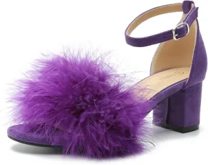 Omthanka Women's Open Toe Feather Heels Ankle Strap Low Block Chunky Heels Sandals Party Dress Pump Shoes
