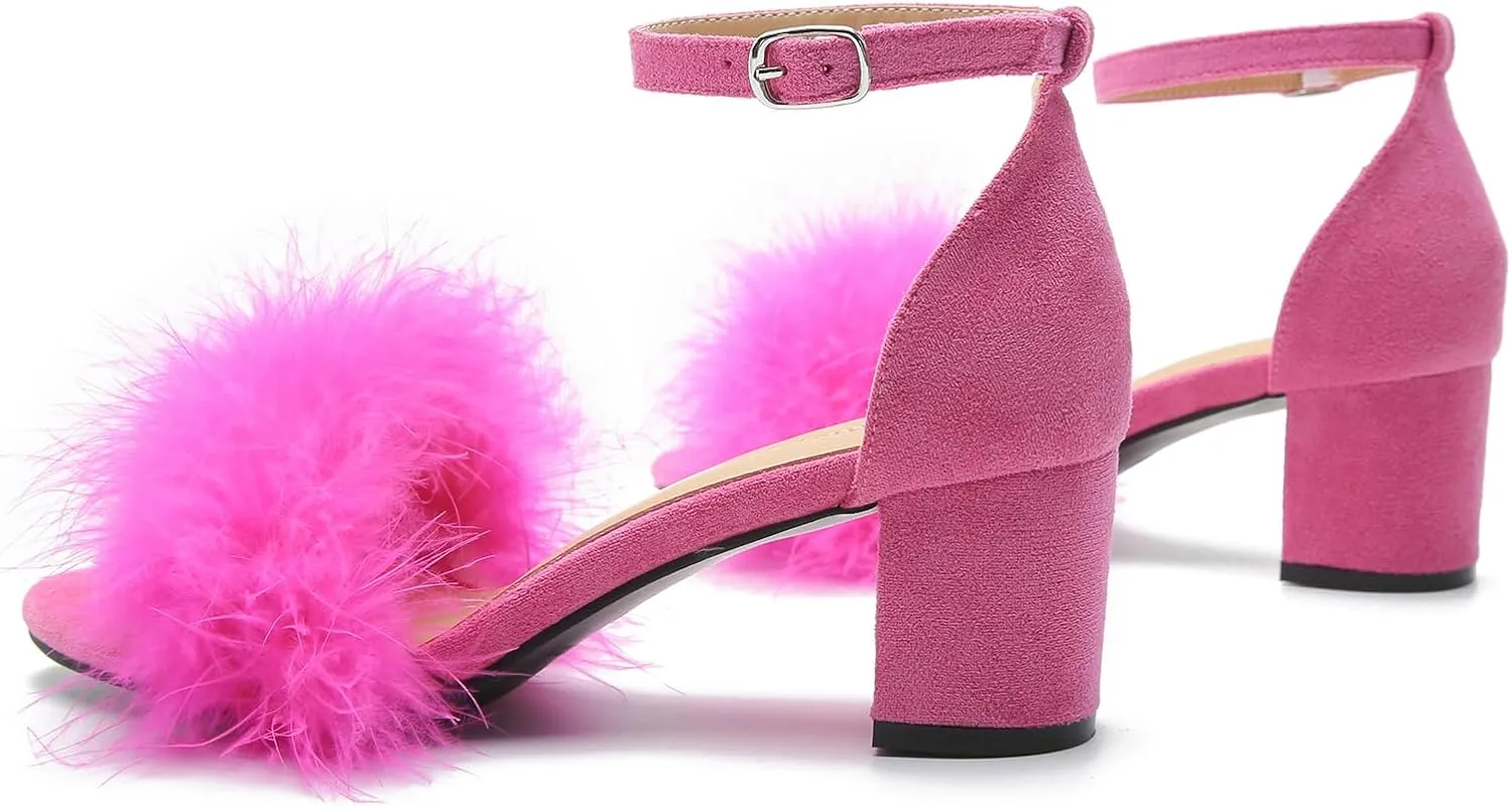Omthanka Women's Open Toe Feather Heels Ankle Strap Low Block Chunky Heels Sandals Party Dress Pump Shoes