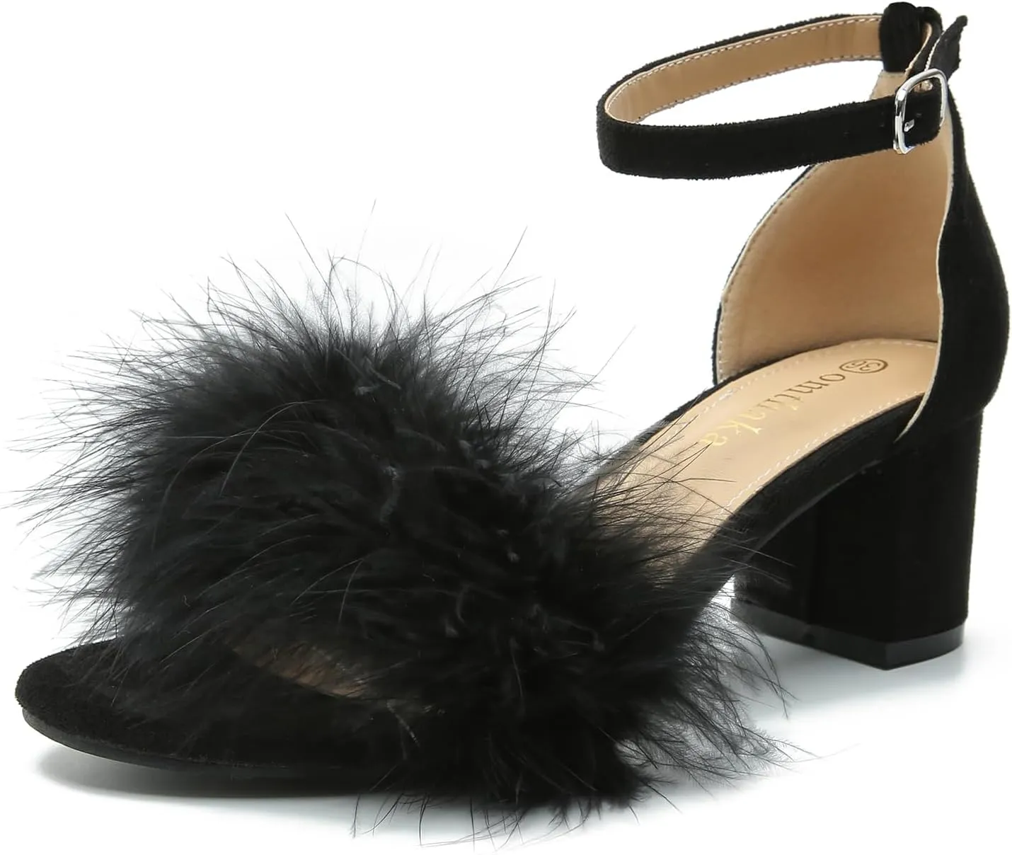 Omthanka Women's Open Toe Feather Heels Ankle Strap Low Block Chunky Heels Sandals Party Dress Pump Shoes