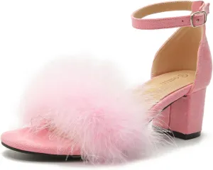 Omthanka Women's Open Toe Feather Heels Ankle Strap Low Block Chunky Heels Sandals Party Dress Pump Shoes