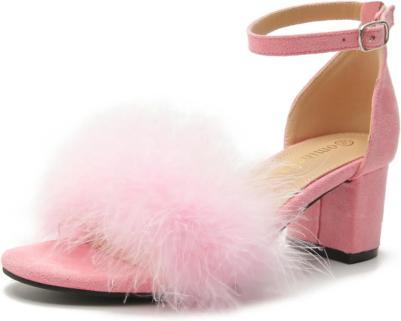 Omthanka Women's Open Toe Feather Heels Ankle Strap Low Block Chunky Heels Sandals Party Dress Pump Shoes