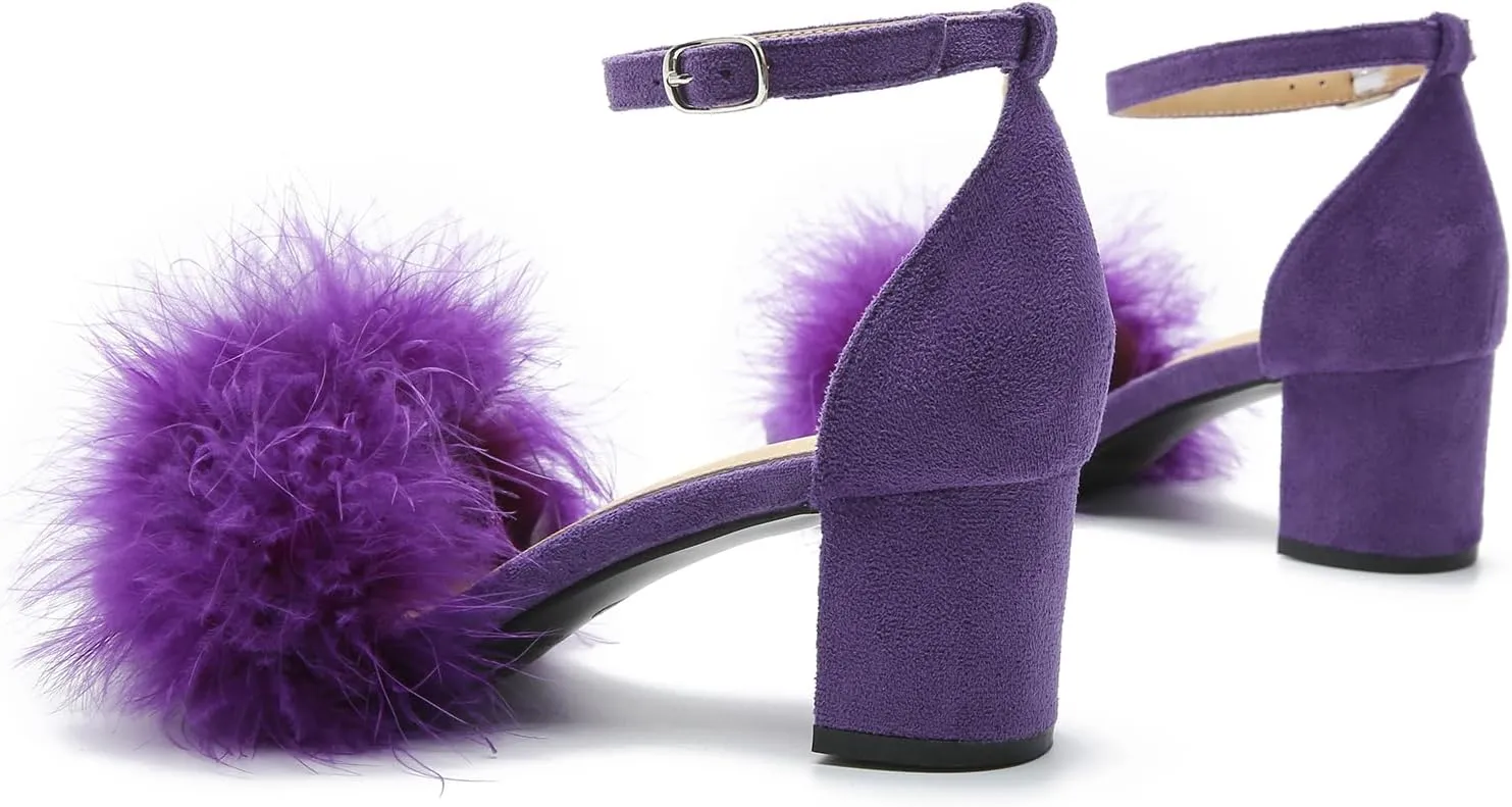 Omthanka Women's Open Toe Feather Heels Ankle Strap Low Block Chunky Heels Sandals Party Dress Pump Shoes