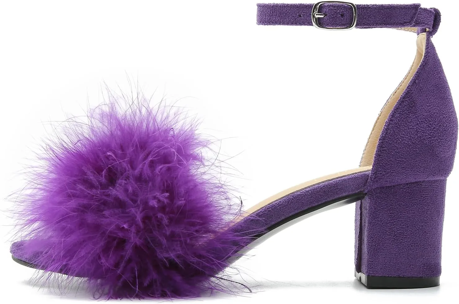 Omthanka Women's Open Toe Feather Heels Ankle Strap Low Block Chunky Heels Sandals Party Dress Pump Shoes
