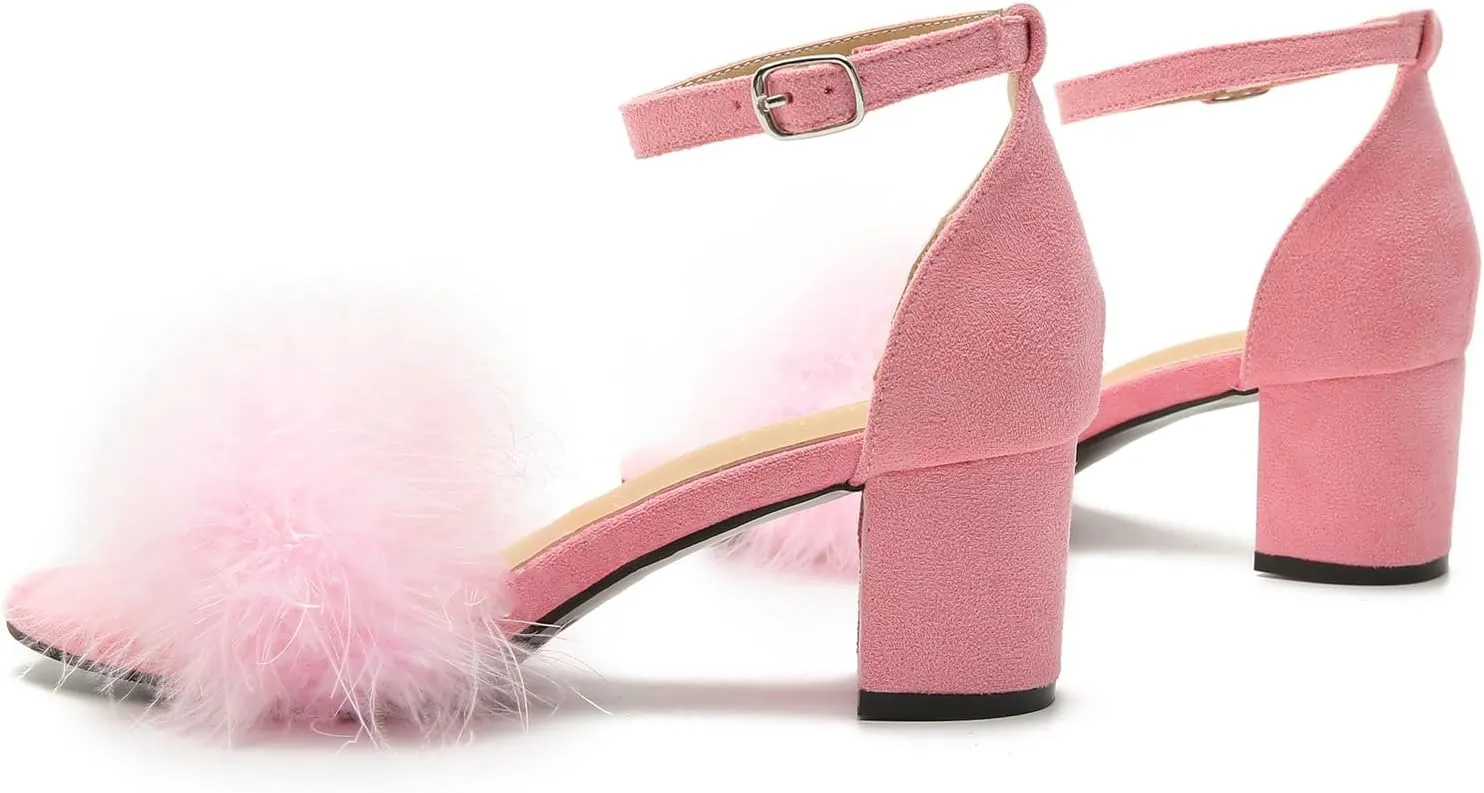 Omthanka Women's Open Toe Feather Heels Ankle Strap Low Block Chunky Heels Sandals Party Dress Pump Shoes