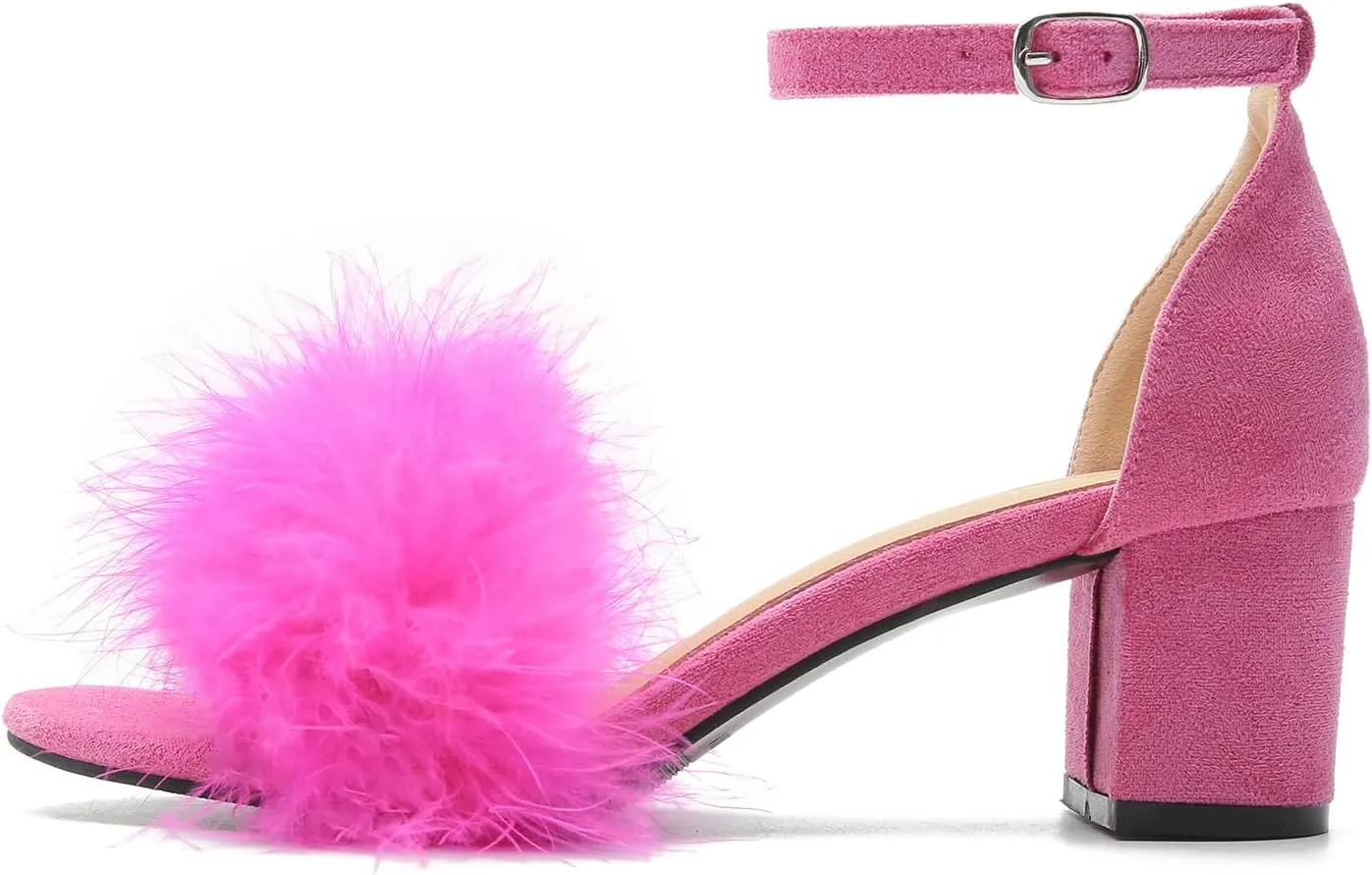 Omthanka Women's Open Toe Feather Heels Ankle Strap Low Block Chunky Heels Sandals Party Dress Pump Shoes