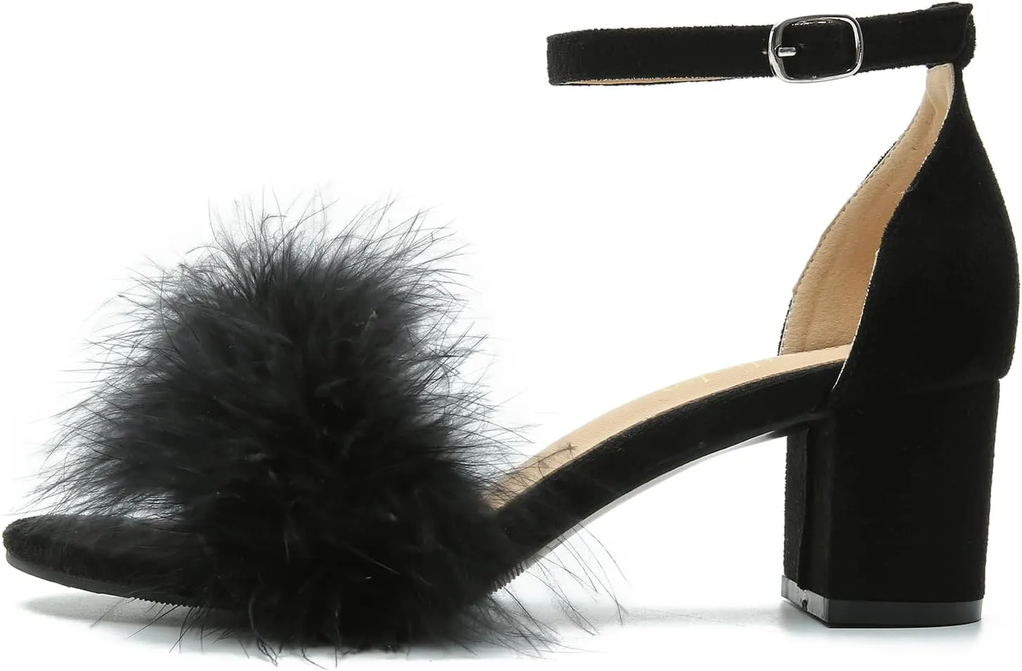 Omthanka Women's Open Toe Feather Heels Ankle Strap Low Block Chunky Heels Sandals Party Dress Pump Shoes