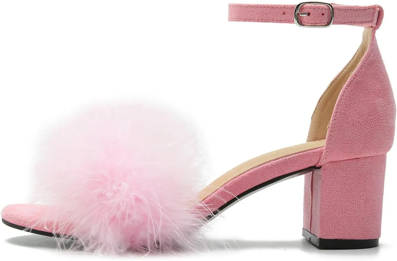 Omthanka Women's Open Toe Feather Heels Ankle Strap Low Block Chunky Heels Sandals Party Dress Pump Shoes