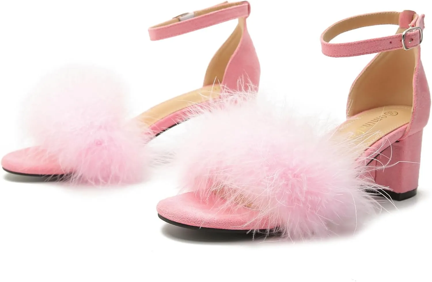Omthanka Women's Open Toe Feather Heels Ankle Strap Low Block Chunky Heels Sandals Party Dress Pump Shoes