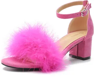 Omthanka Women's Open Toe Feather Heels Ankle Strap Low Block Chunky Heels Sandals Party Dress Pump Shoes