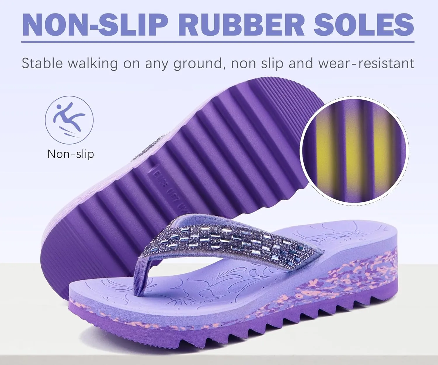 ONCAI Women's Wedge Flip Flops with Rhinestone，Recovery Dressy Walking Sandals for Women with Comfortable Arch Support Cushion Yoga Mat Summer Rubber Soles(US Size 5-11)