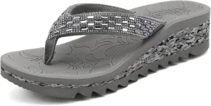 ONCAI Women's Wedge Flip Flops with Rhinestone，Recovery Dressy Walking Sandals for Women with Comfortable Arch Support Cushion Yoga Mat Summer Rubber Soles(US Size 5-11)