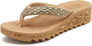 ONCAI Women's Wedge Flip Flops with Rhinestone，Recovery Dressy Walking Sandals for Women with Comfortable Arch Support Cushion Yoga Mat Summer Rubber Soles(US Size 5-11)