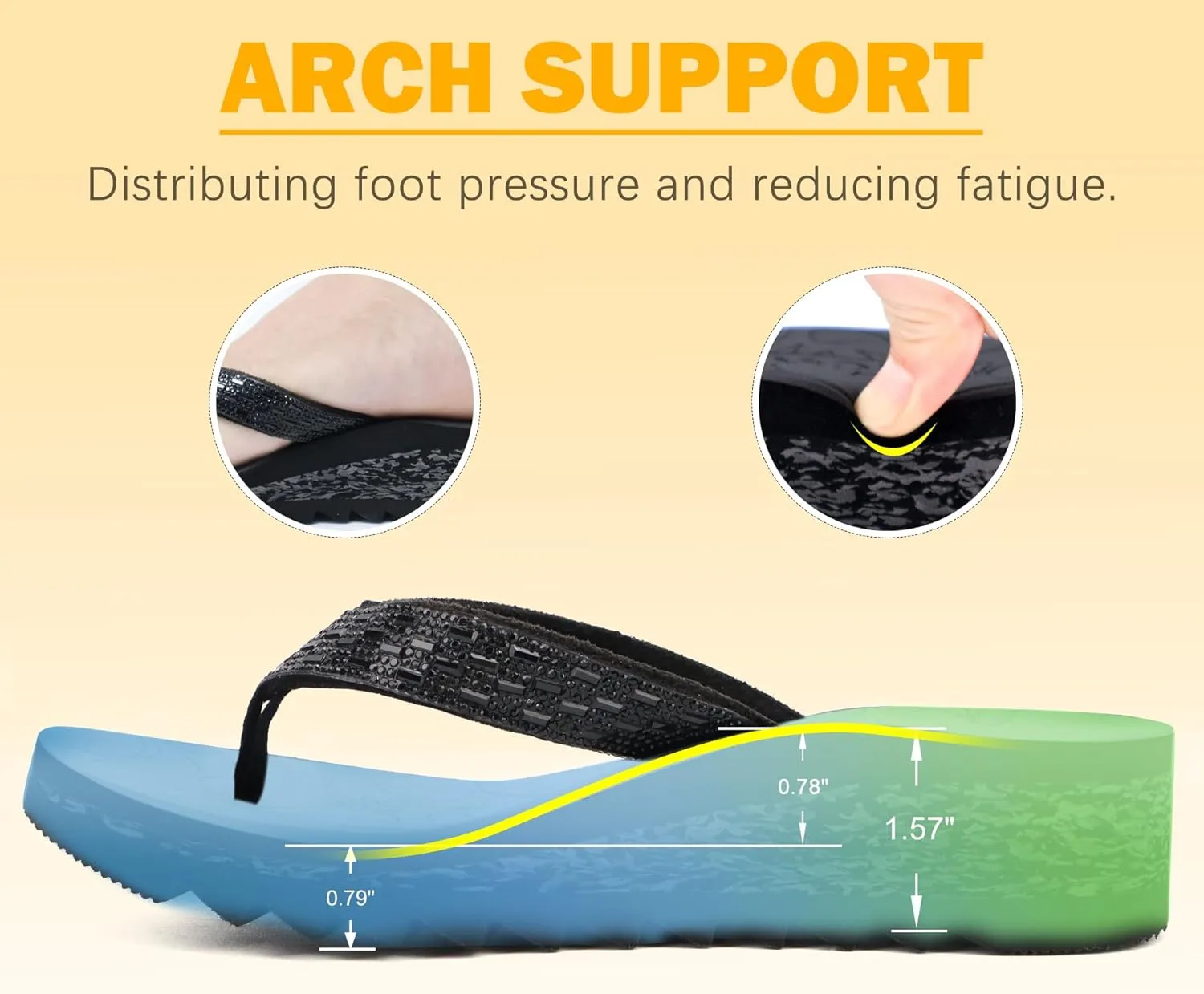 ONCAI Women's Wedge Flip Flops with Rhinestone，Recovery Dressy Walking Sandals for Women with Comfortable Arch Support Cushion Yoga Mat Summer Rubber Soles(US Size 5-11)