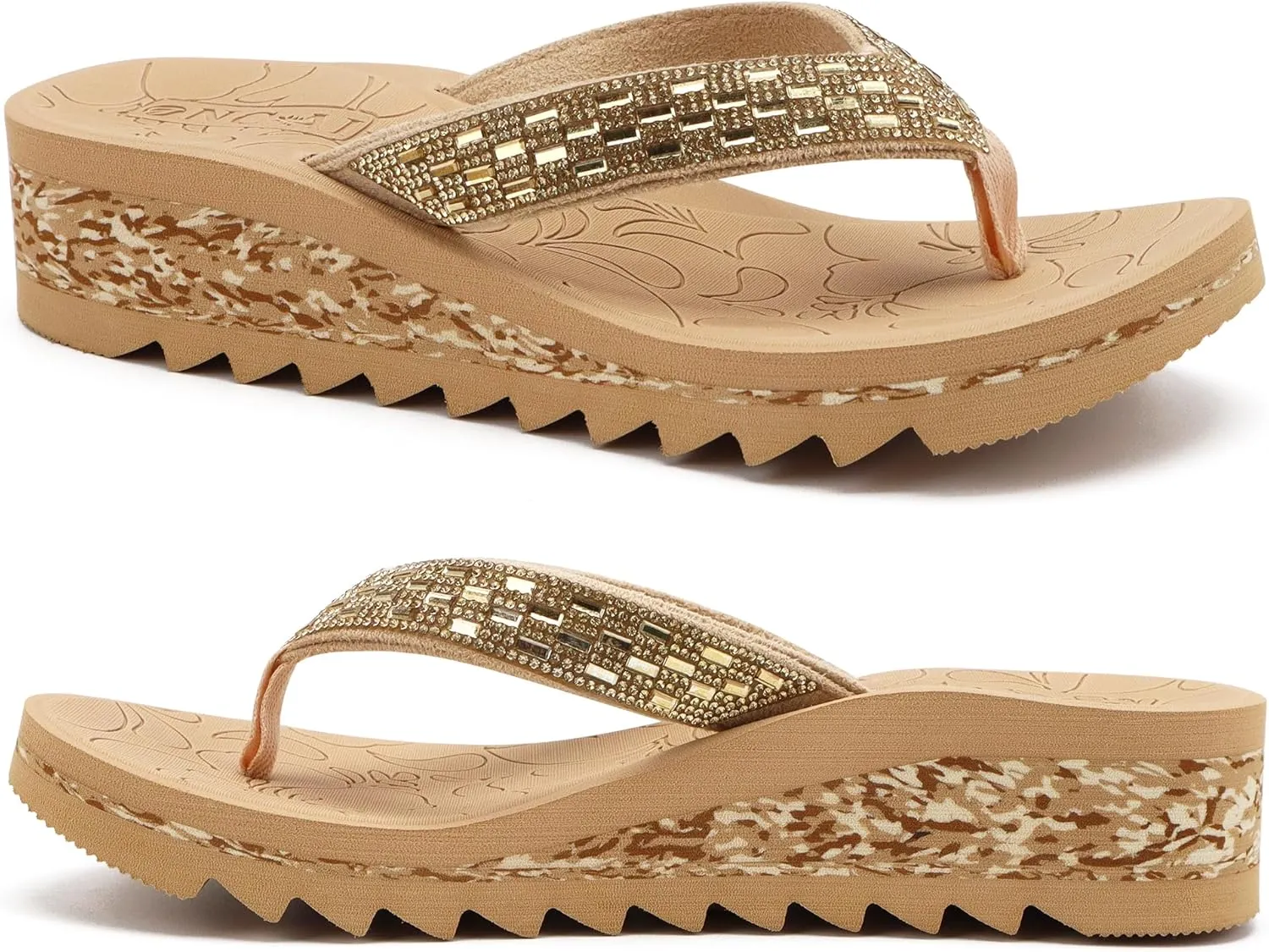 ONCAI Women's Wedge Flip Flops with Rhinestone，Recovery Dressy Walking Sandals for Women with Comfortable Arch Support Cushion Yoga Mat Summer Rubber Soles(US Size 5-11)