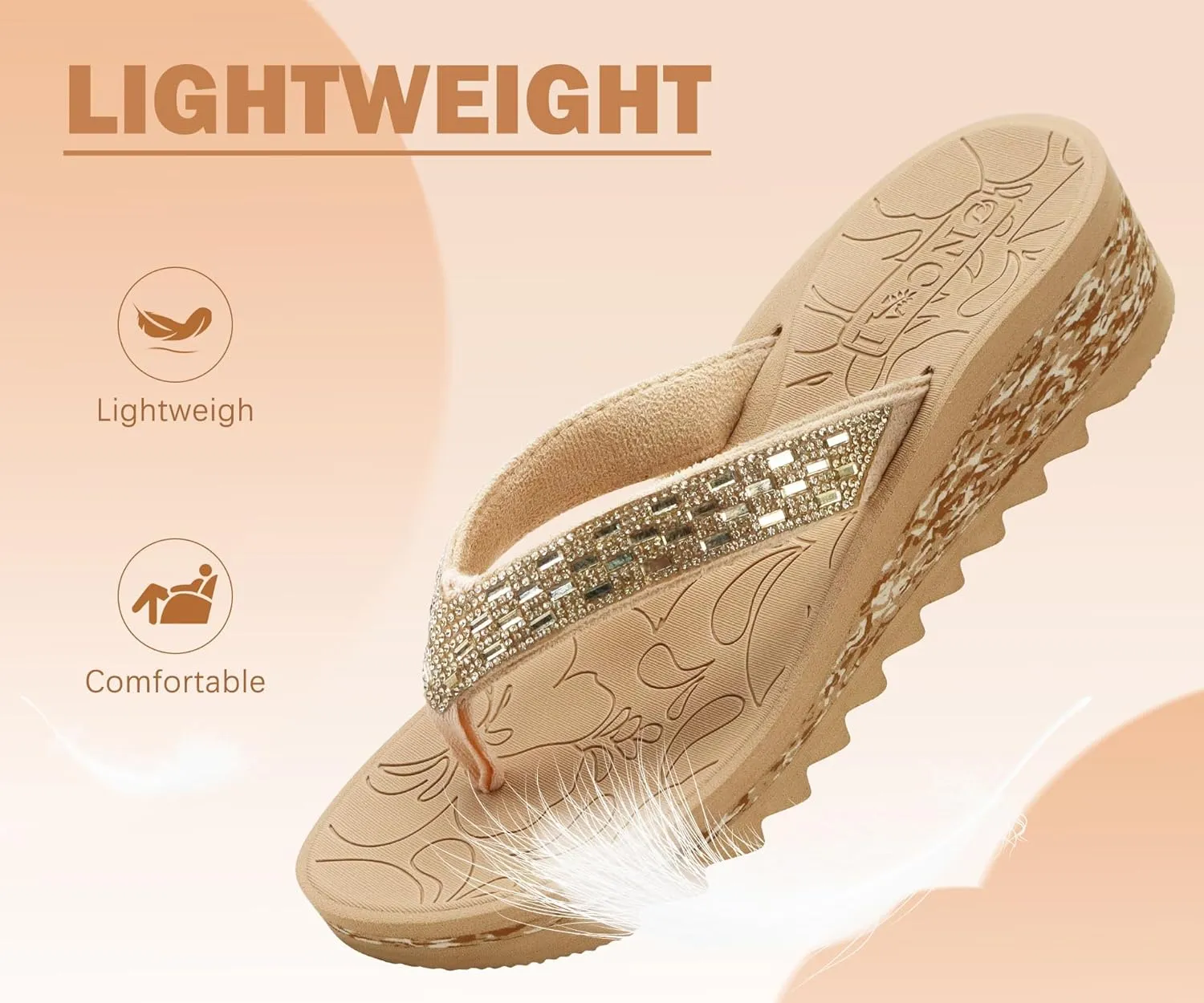 ONCAI Women's Wedge Flip Flops with Rhinestone，Recovery Dressy Walking Sandals for Women with Comfortable Arch Support Cushion Yoga Mat Summer Rubber Soles(US Size 5-11)