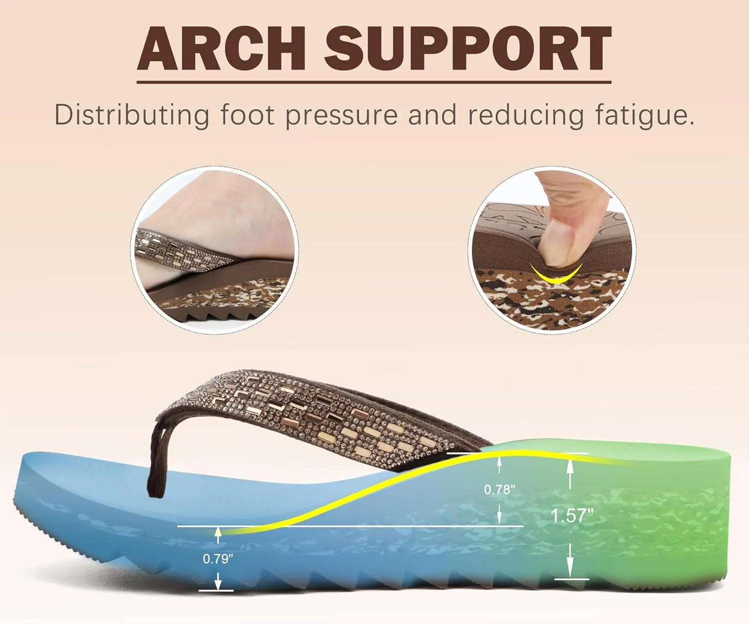 ONCAI Women's Wedge Flip Flops with Rhinestone，Recovery Dressy Walking Sandals for Women with Comfortable Arch Support Cushion Yoga Mat Summer Rubber Soles(US Size 5-11)
