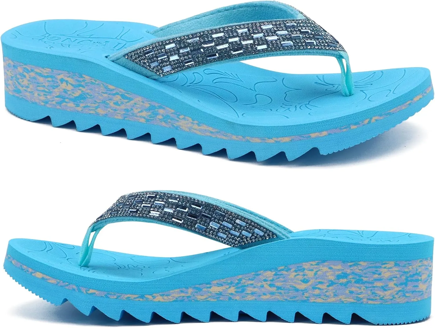 ONCAI Women's Wedge Flip Flops with Rhinestone，Recovery Dressy Walking Sandals for Women with Comfortable Arch Support Cushion Yoga Mat Summer Rubber Soles(US Size 5-11)