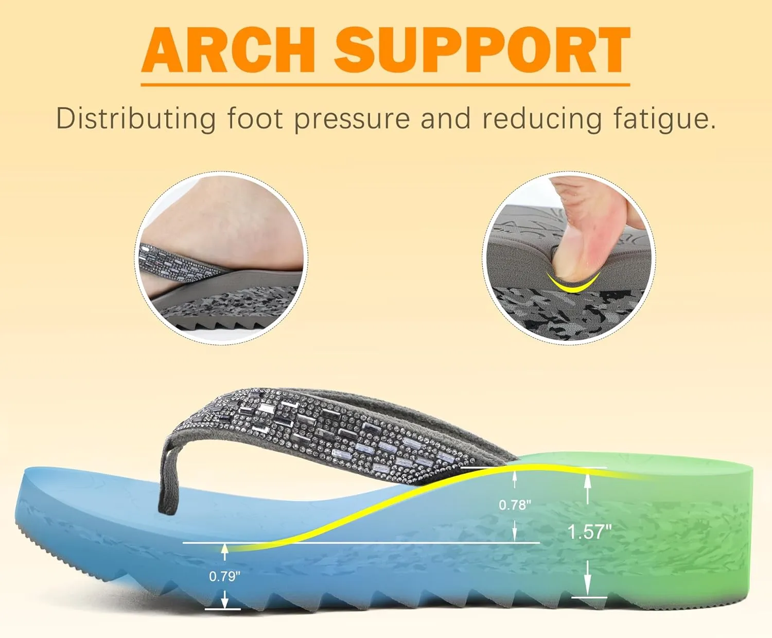 ONCAI Women's Wedge Flip Flops with Rhinestone，Recovery Dressy Walking Sandals for Women with Comfortable Arch Support Cushion Yoga Mat Summer Rubber Soles(US Size 5-11)