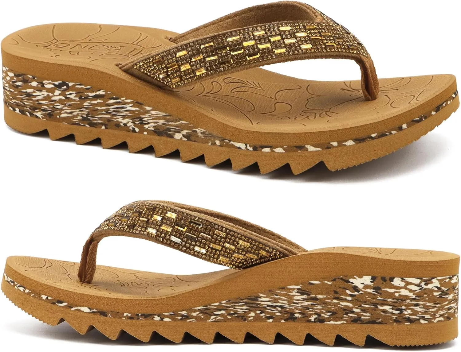 ONCAI Women's Wedge Flip Flops with Rhinestone，Recovery Dressy Walking Sandals for Women with Comfortable Arch Support Cushion Yoga Mat Summer Rubber Soles(US Size 5-11)
