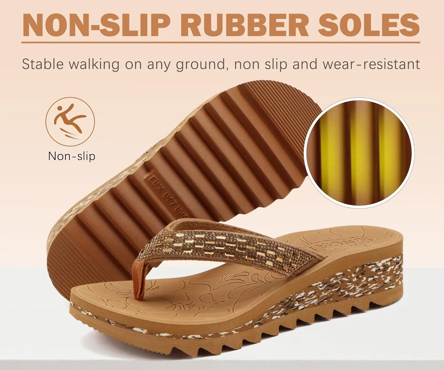 ONCAI Women's Wedge Flip Flops with Rhinestone，Recovery Dressy Walking Sandals for Women with Comfortable Arch Support Cushion Yoga Mat Summer Rubber Soles(US Size 5-11)