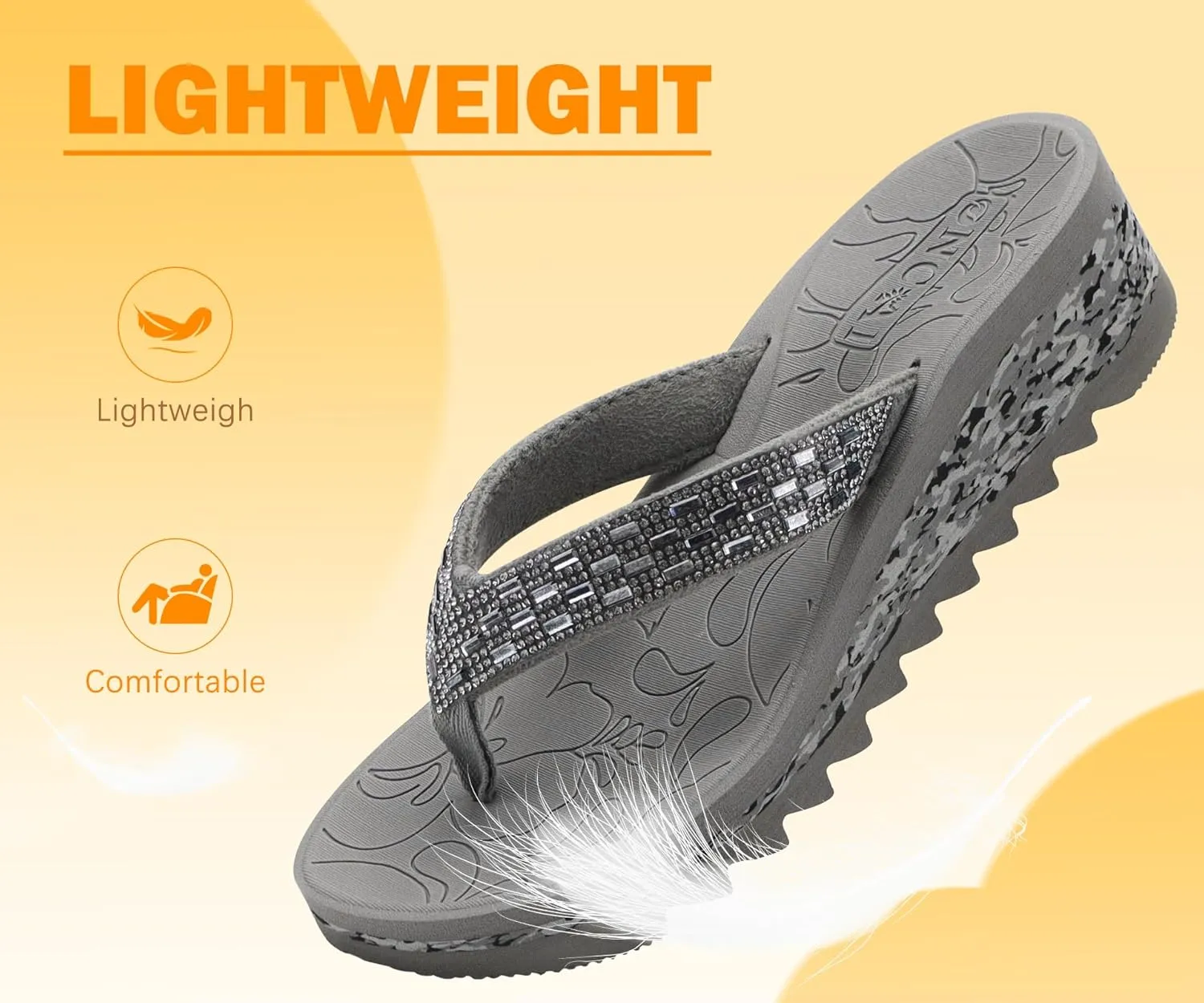 ONCAI Women's Wedge Flip Flops with Rhinestone，Recovery Dressy Walking Sandals for Women with Comfortable Arch Support Cushion Yoga Mat Summer Rubber Soles(US Size 5-11)