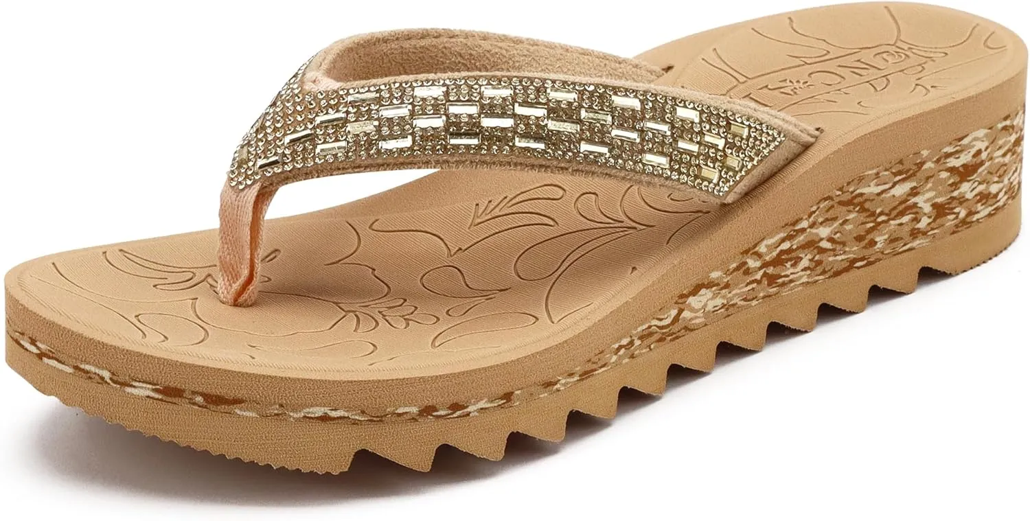 ONCAI Women's Wedge Flip Flops with Rhinestone，Recovery Dressy Walking Sandals for Women with Comfortable Arch Support Cushion Yoga Mat Summer Rubber Soles(US Size 5-11)