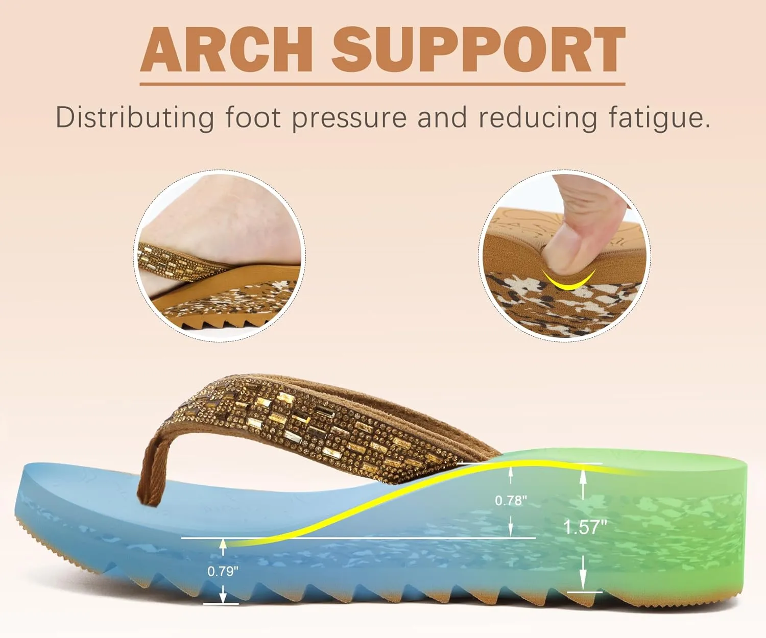 ONCAI Women's Wedge Flip Flops with Rhinestone，Recovery Dressy Walking Sandals for Women with Comfortable Arch Support Cushion Yoga Mat Summer Rubber Soles(US Size 5-11)