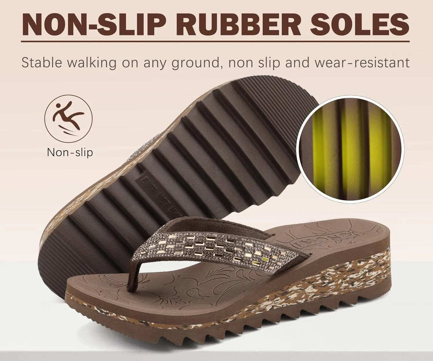 ONCAI Women's Wedge Flip Flops with Rhinestone，Recovery Dressy Walking Sandals for Women with Comfortable Arch Support Cushion Yoga Mat Summer Rubber Soles(US Size 5-11)